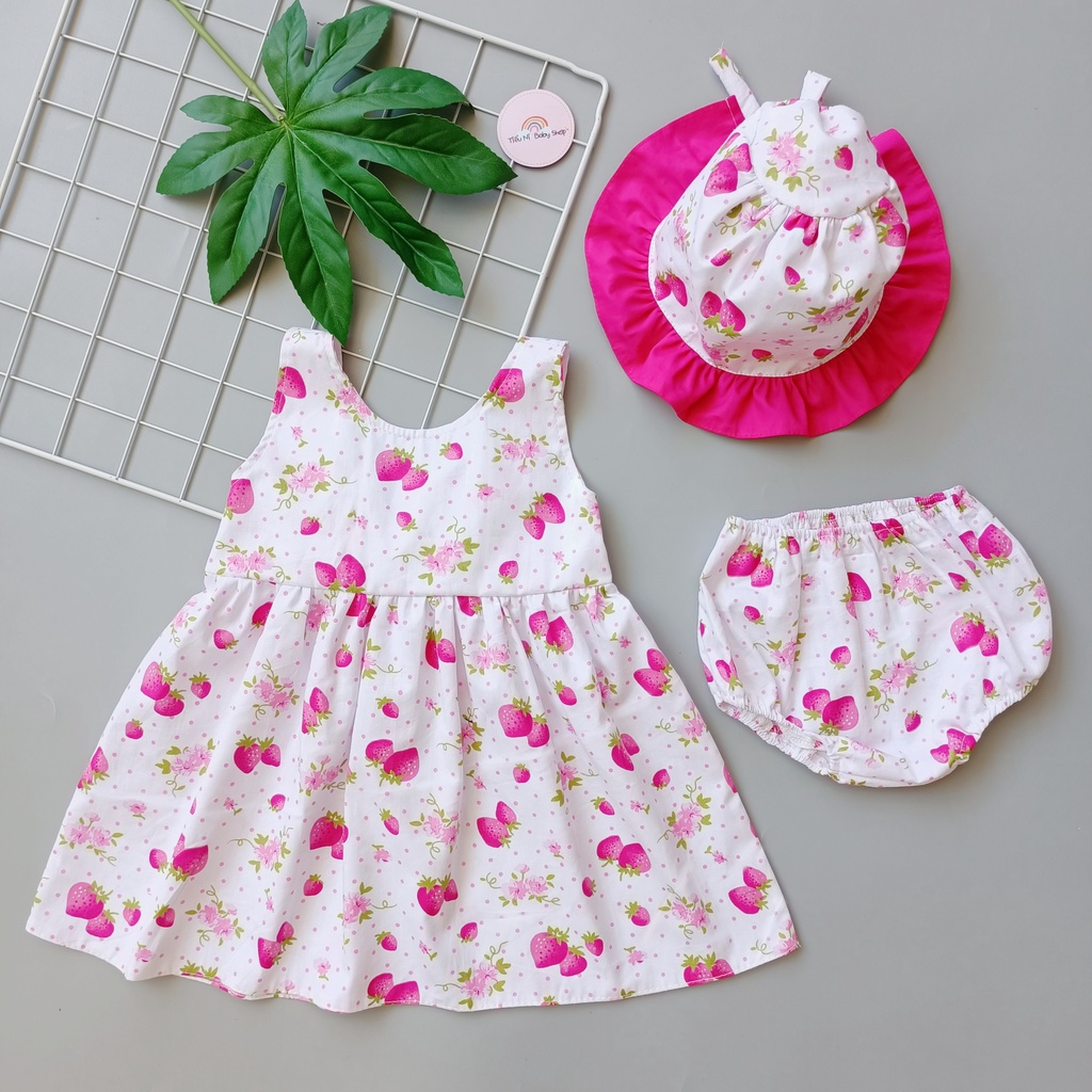 Đầm Hoa, Váy Hoa Nơ Cho Bé Gái, Bé Sơ Sinh- Kèm Quần Chip Và Mũ. Chất Vải Cotton Mềm Mại.