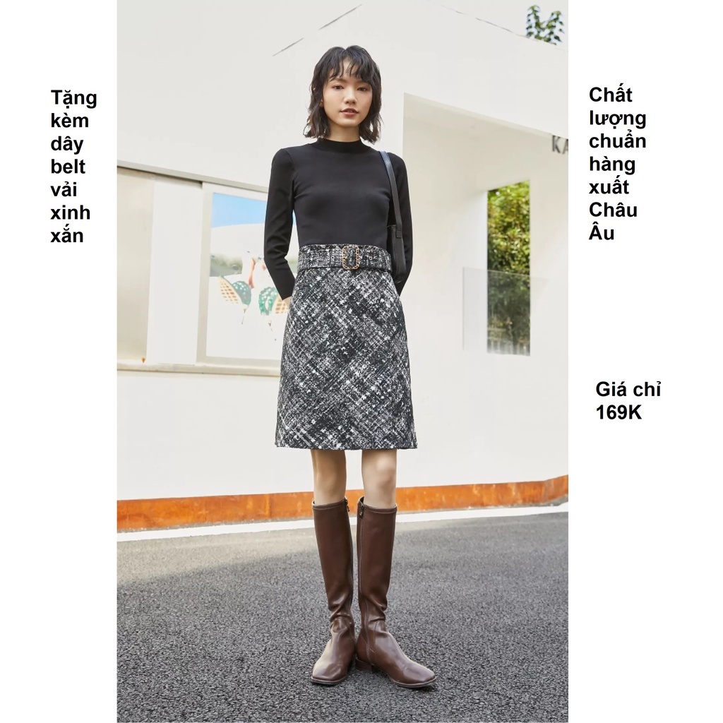 Vero Moda Đầm áo Len ghép với váy Kẻ Ca Rô - đầm đi làm - đầm đi chơi - đầm dự tiệc
