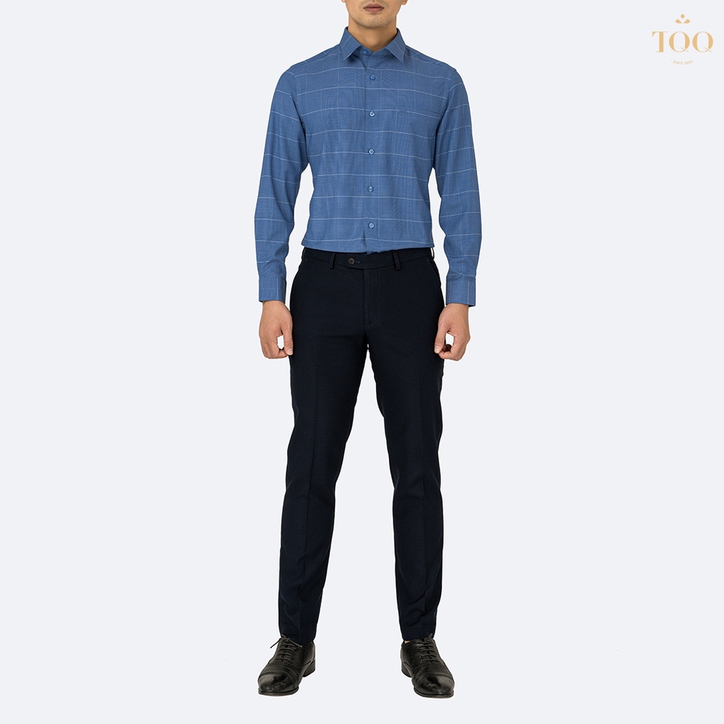 Áo sơ mi nam dài tay TQQ dáng Slim fit công sở ôm nhẹ K143CS-CSB xanh biển kẻ trắng nhã nhặn lịch sự