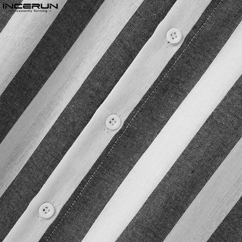 INCERUN Áo Sơ Mi Henley Dài Tay Cổ Tròn Họa Tiết Kẻ Sọc Cho Nam