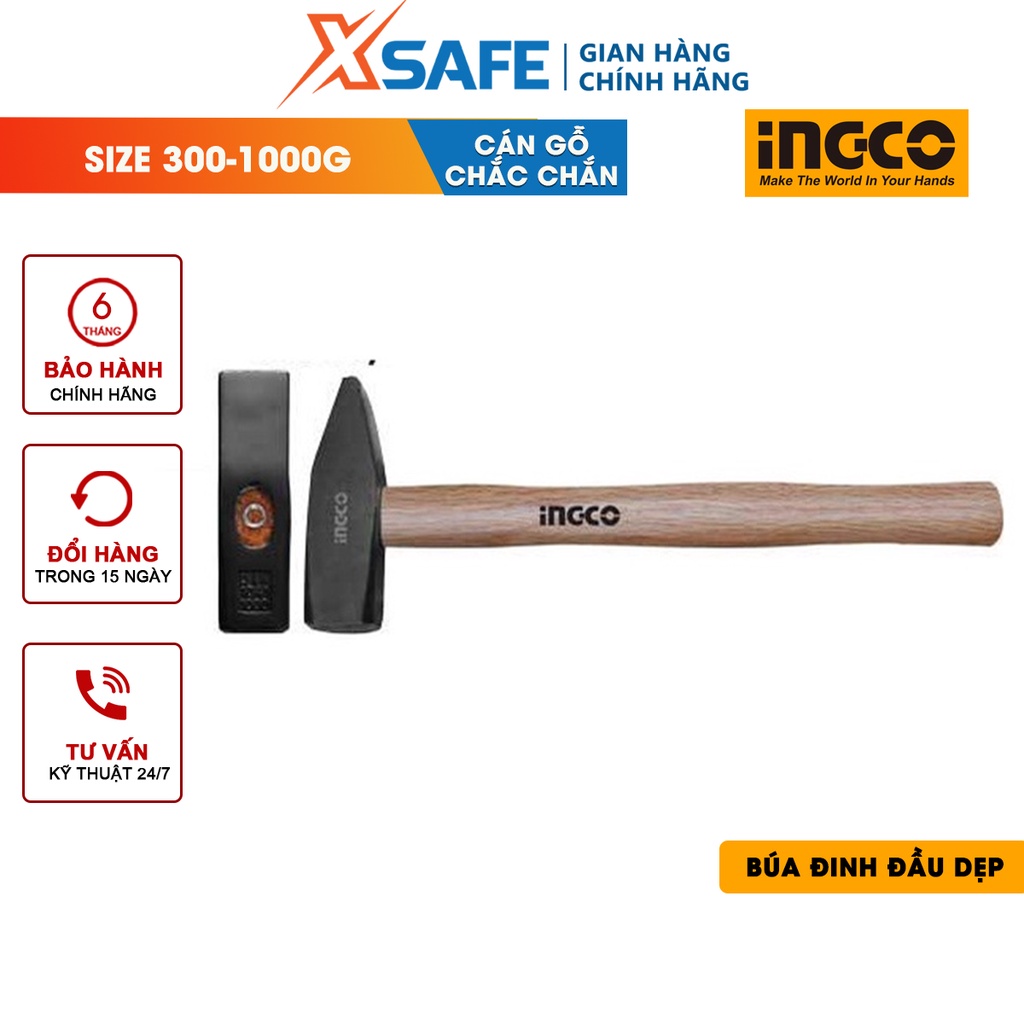 Búa đinh đầu dẹp và vuông cán gỗ INGCO Búa cầm tay trọng lượng 300g-1kg, cán gỗ cứng, đầu búa hợp kim cao cấp rắn chắc
