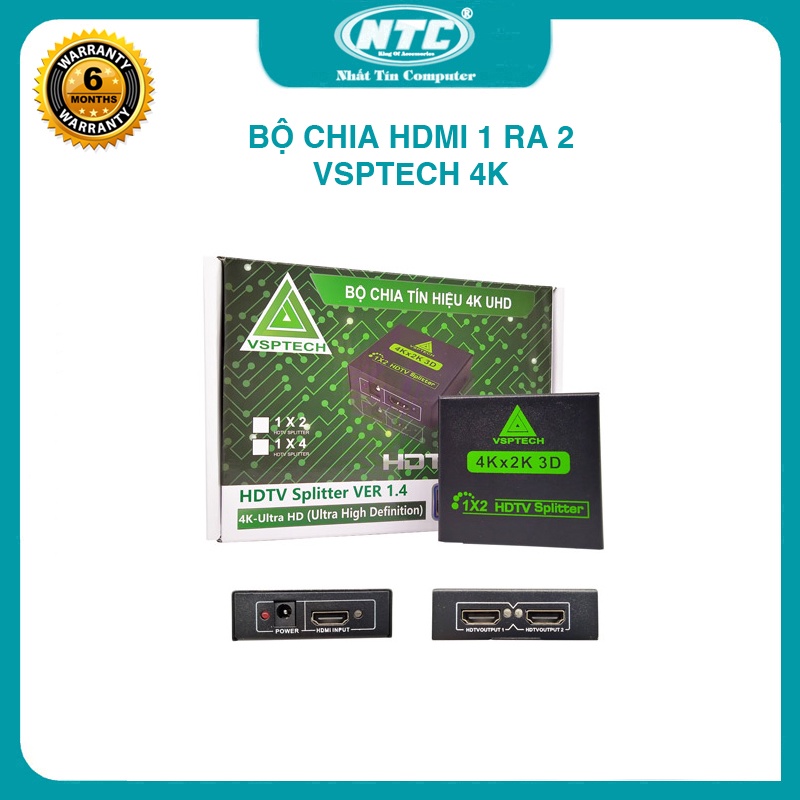 Bộ chia VSPTECH HDMI từ 1 ra 2 HDTV Splitter hỗ trợ phân giải 2K/4K/3D thiết kế gọn nhẹ (Đen) - Nhất Tín Computer