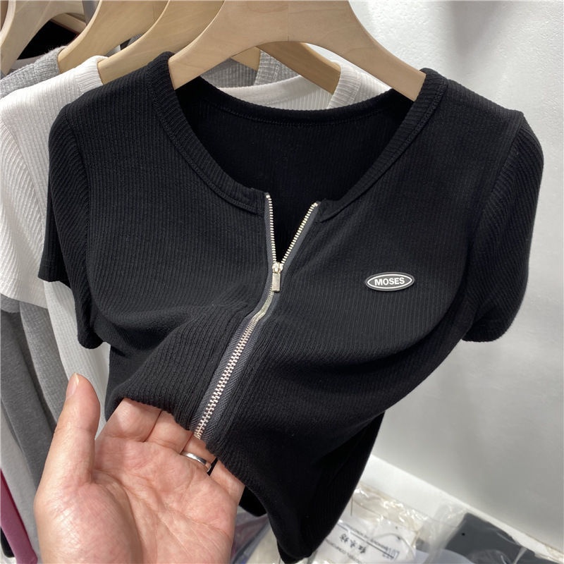 COZOK Áo Thun Ngắn Tay Lưng Cao Dáng Ôm Phối Khóa Kéo Đôi Cá Tính