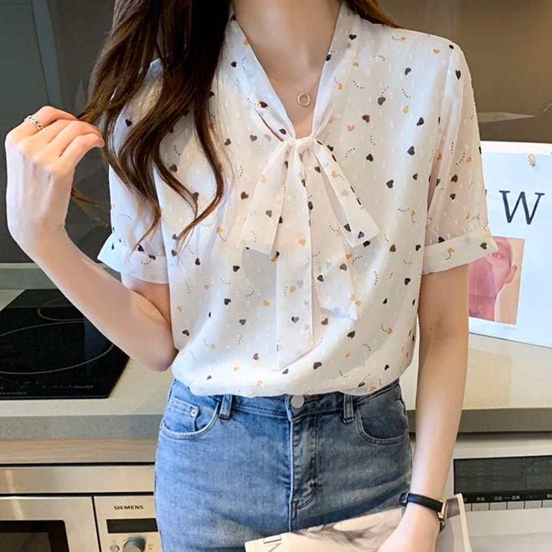 Áo Sơ Mi Hoa Tay Ngắn 164155 Áo Sơ Mi Dáng Rộng Phối Nơ Xinh Xắn Thời Trang