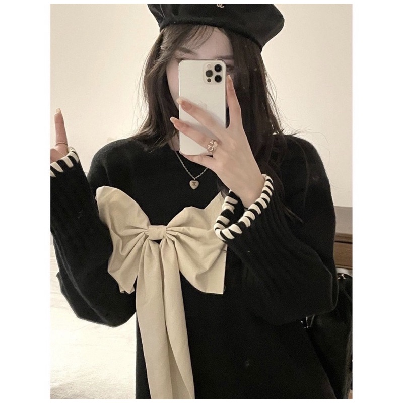 Áo Len Dệt Kim Dáng Rộng Đính Nơ Thời Trang