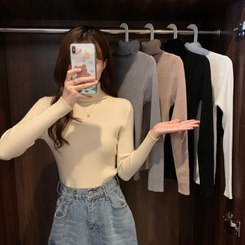 Áo len tăm Cổ lọ nữ Dài tay Thu Đông Ulzzang Hàn Quốc Áo len Cổ cao Tay dài Giữ ấm Thời trang | BigBuy360 - bigbuy360.vn