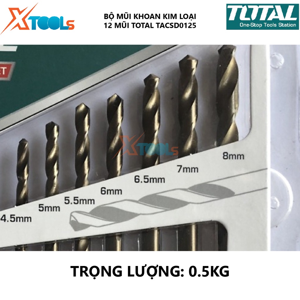 Bộ mũi khoan kim loại HSS 12 chi tiết TOTAL TACSD0125 bộ 12 dao phay ngón Chất liệu thép HSS, khả năng chống mòn, Hộp 12