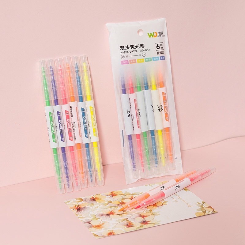 Set 6 bút highlight pastel dạ quang 2 đầu Gooo, đánh dấu nhớ phụ kiện văn phòng phẩm