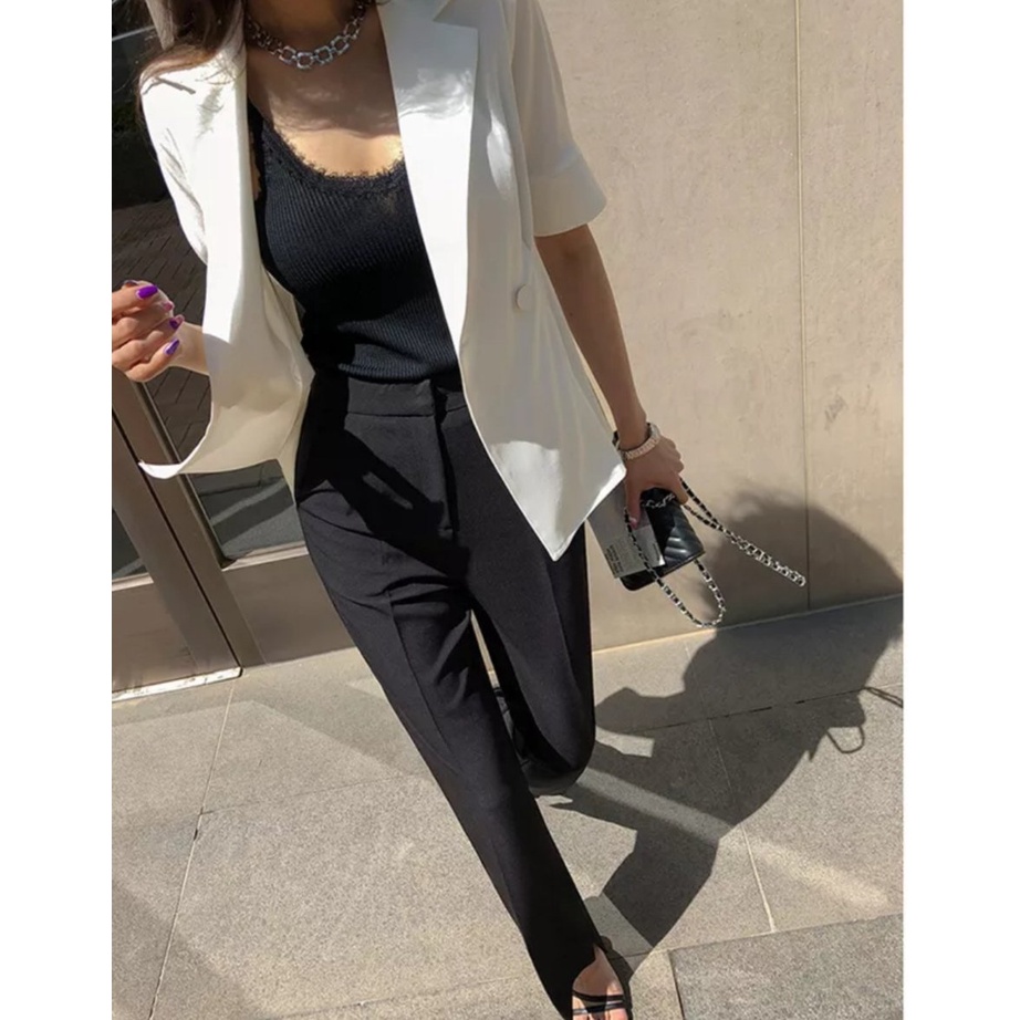 Áo Khoác Vest Blazer Một Nút Tay Ngắn Dáng Dài Thanh Lịch