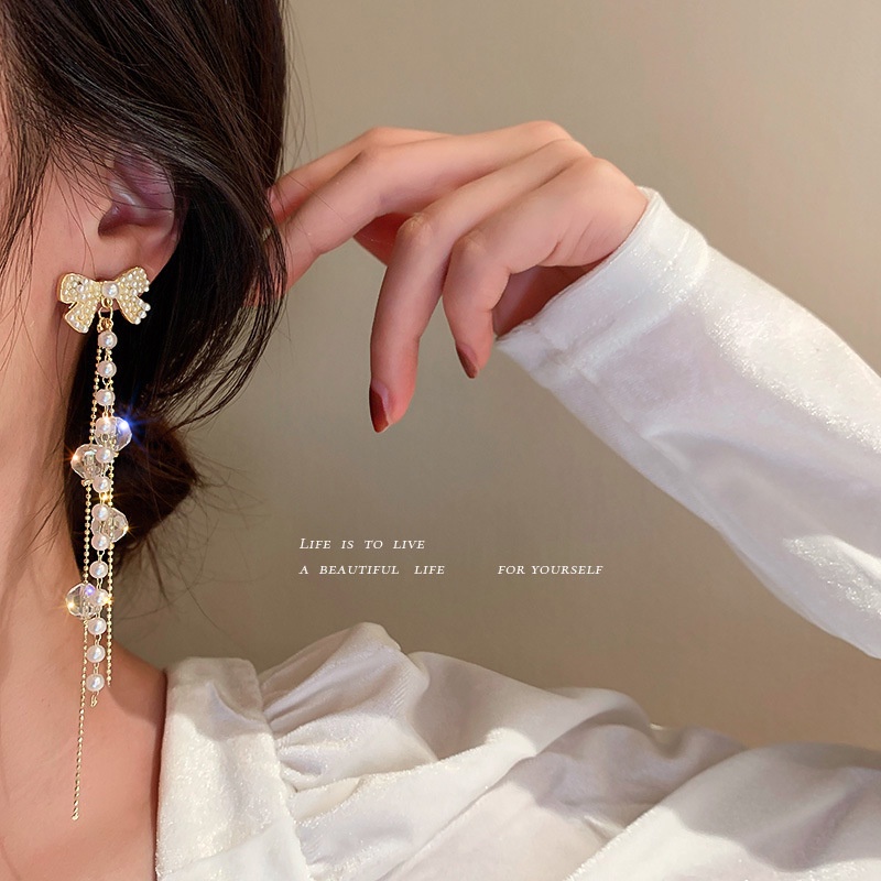 Bông Tai Mạ Bạc 925 Dáng Dài Phối Nơ Đính Ngọc Trai Sang Trọng