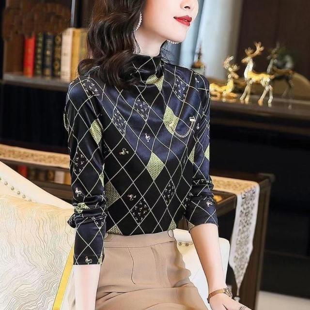 Đầm nhung tay dài cổ lọ in họa tiết thời trang cho nữ