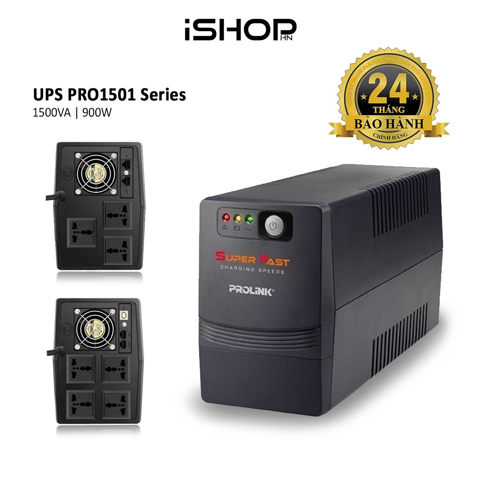 Bộ lưu điện UPS Prolink PRO1501SFC, 1500VA, 900W, sạc siêu nhanh, ổn định dòng điện, dùng cho PC, Wifi, Camera,..