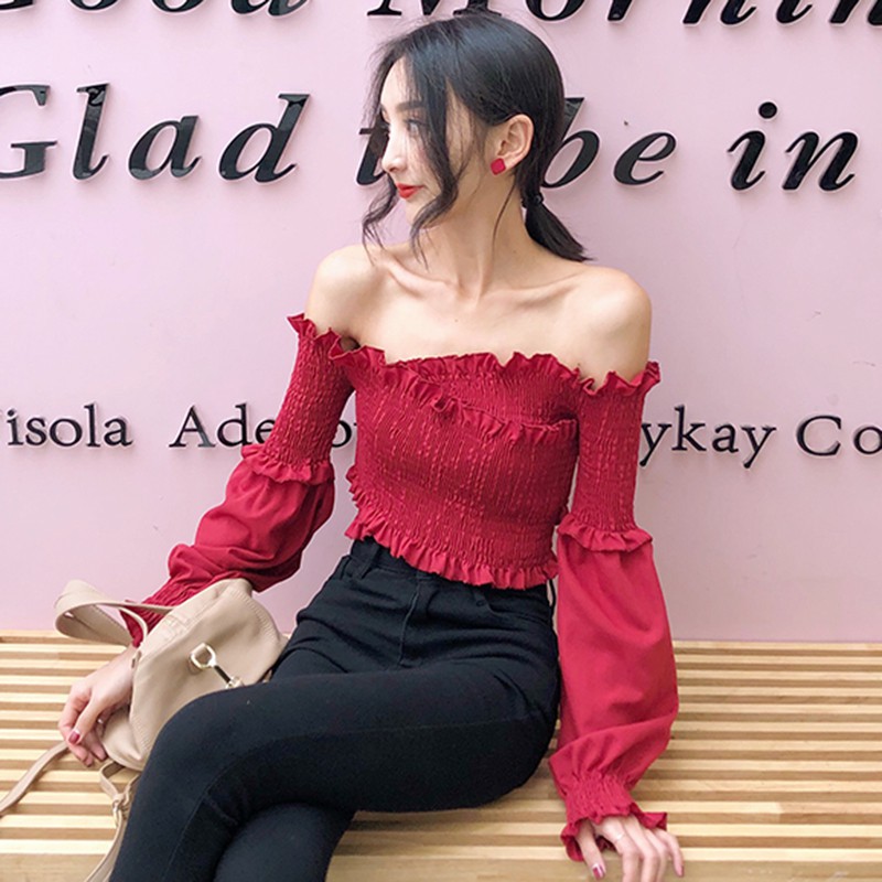 Áo Croptop Trễ Vai Tay Dài Phối Bèo Thiết Kế Quyến Rũ | BigBuy360 - bigbuy360.vn