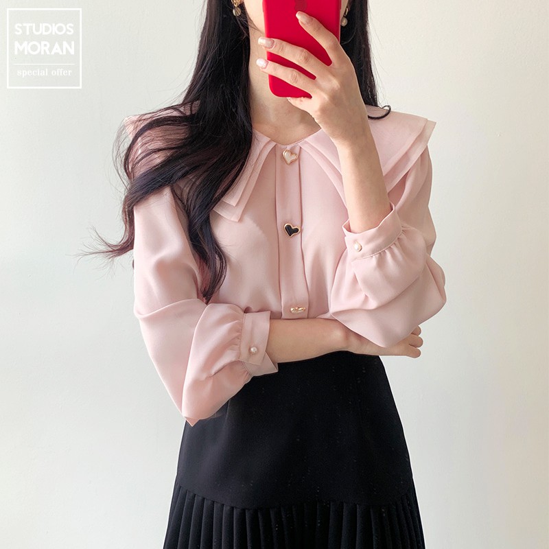 Set áo sơ mi MORAN cổ bẻ búp bê+ Chân váy xòe ngắn xếp ly tiểu thư thanh lịch