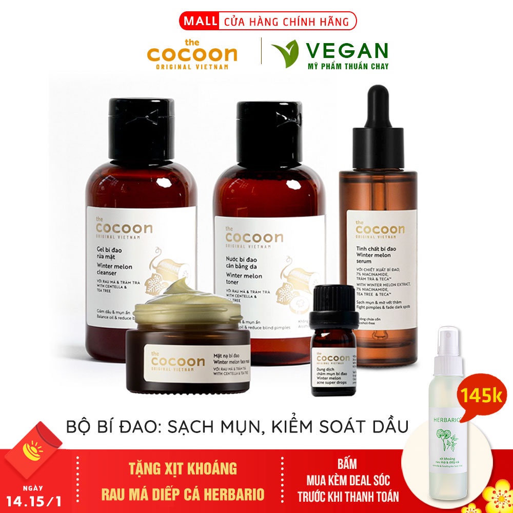 Bộ 5 chăm sóc da mụn chuyên sâu: Gel + Toner + Serum + Mặt nạ + Chấm mụn bí đao cocoon