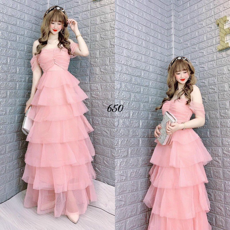 đầm tầng xoè trễ vai ( ẢNH VÀ VIDEO THẬT 1000% )