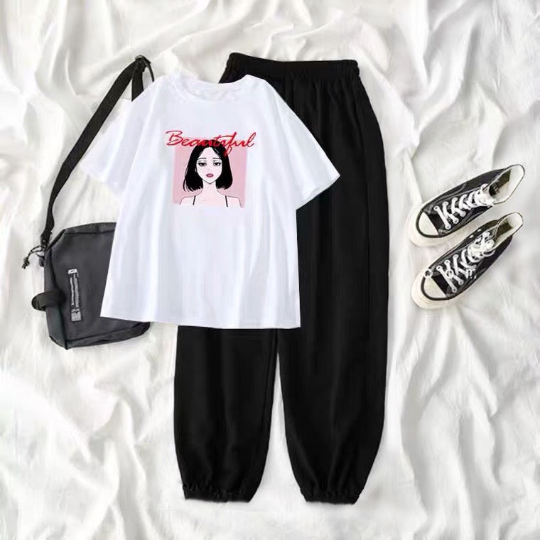 Sét áo Cô gái beautiful + quần bom đen, Áo thun from rộng, chất đẹp không xù, Sét bộ mặc ở nhà - MODY