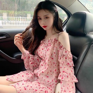 (Ảnh thật) Váy đầm voan hoa nhí 2 dây trễ vai rớt vai dáng suông tay bèo tầng xinh xắn ulzzang tiểu thư