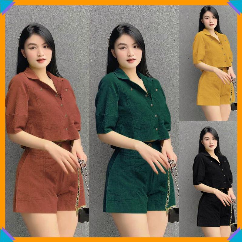 Set đồ nữ sang chảnh đẹp nguyên bộ áo sơ mi phối nút kèm quần đùi phong cách J1179