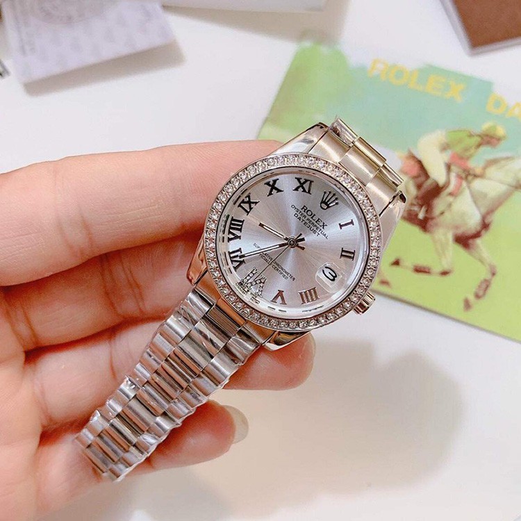 [Cao Cấp]Đồng hồ Rolex nữ mặt size 32mm đính hạt dây màu BẠC đúc hợp kim NGUYÊN KHỐI không gỉ, không phai màu