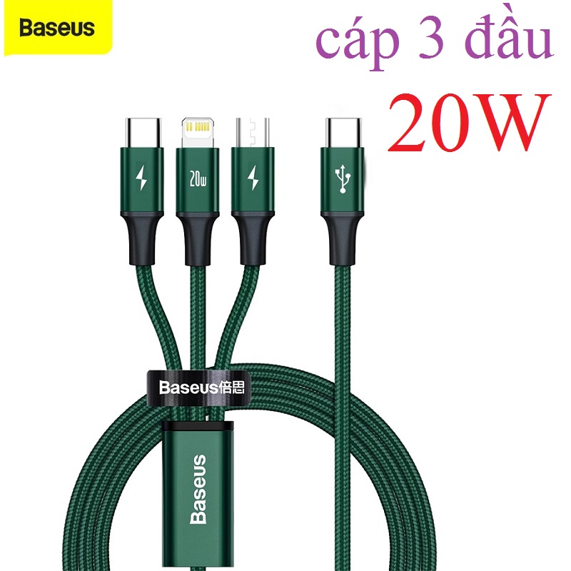 cáp 3 đầu Baseus 20W Rapid Series 3in1, dây sạc 3 đầu sạc nhanh