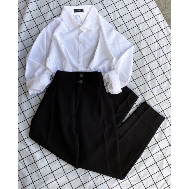 quần tây 2nut baggy lưng cao 2 co bán nguyên set (lưu ý quần dài 88cm) form nhỏ