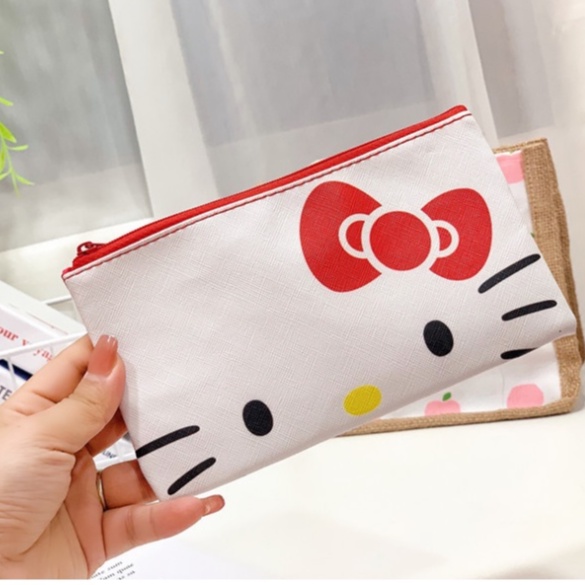 Ví đựng bút XIAODUOJIAJU da pu in hình mèo hello kitty có khóa kéo tiện dụng