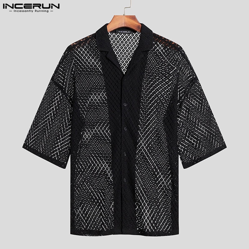 Áo sơ mi Incerun tay ngắn dáng rộng xuyên thấu cài nút kiểu Nhật Bản cá tính cho nam