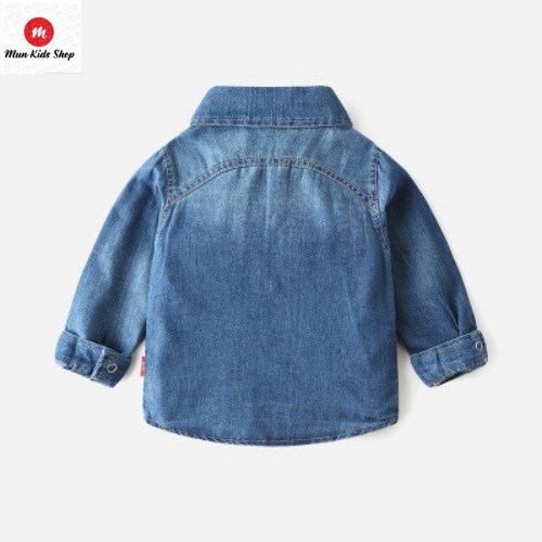 Áo sơ mi jean denim dài tay bé trai cao cấp, áo sơ mi thời trang cho bé trai hình khủng long cho bé 1 tuổi đến 8 tuổi