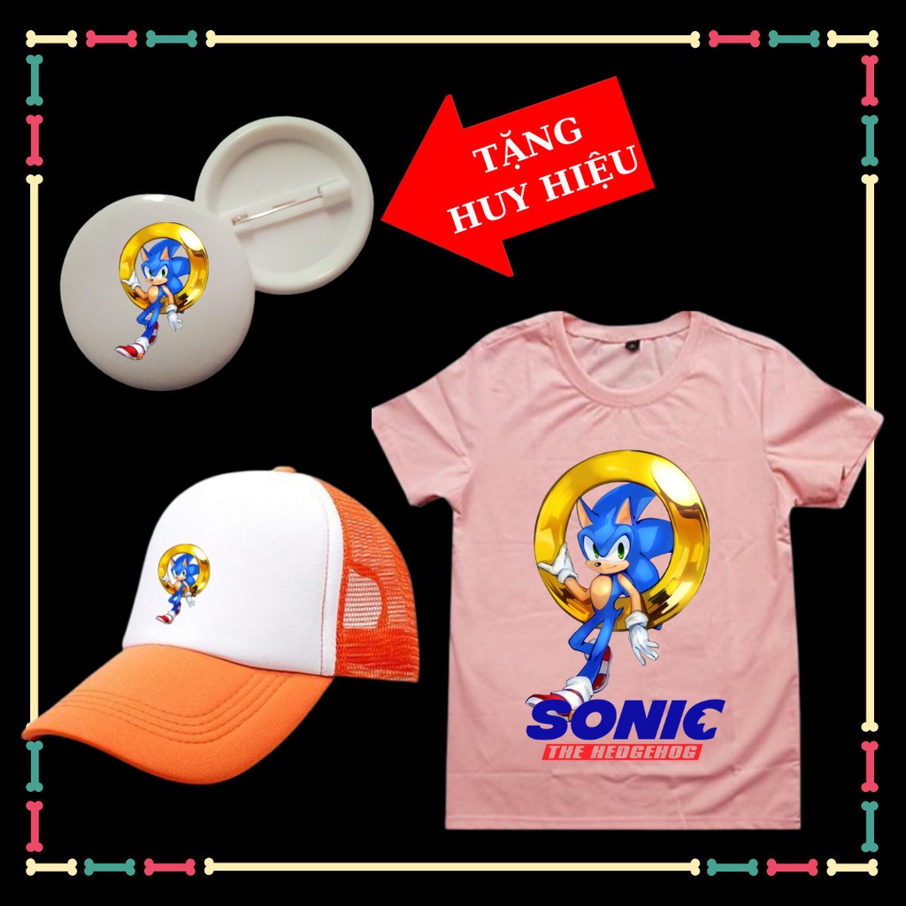 Set Mũ lưỡi trai+Áo thun Nhím Sonic hit hot cho trẻ em đủ size áo từ 10kg đến 80kg-Tặng Huy Hiệu Nhím Sonic