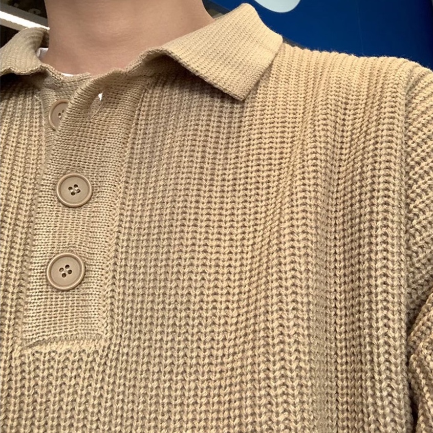 Áo Polo Dệt Kim Tay Dài Dáng Rộng Màu Trơn Thời Trang Hàn Quốc Dành Cho Nam Nữ Áo Thu Đông Áo Len Hàn Quốc Mùa Đông Giữ Nhiệt Nam