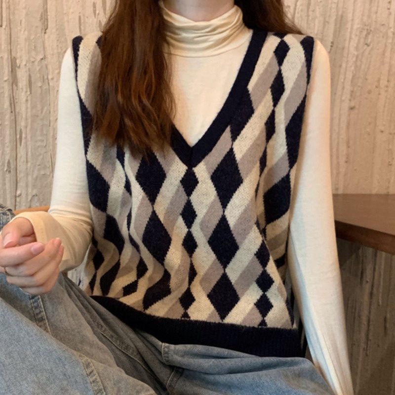 Áo Sweater Dệt Kim Không Tay Cổ Chữ v Màu Tương Phản Phong Cách Hàn Quốc Thời Trang Mùa Thu Cho Nữ