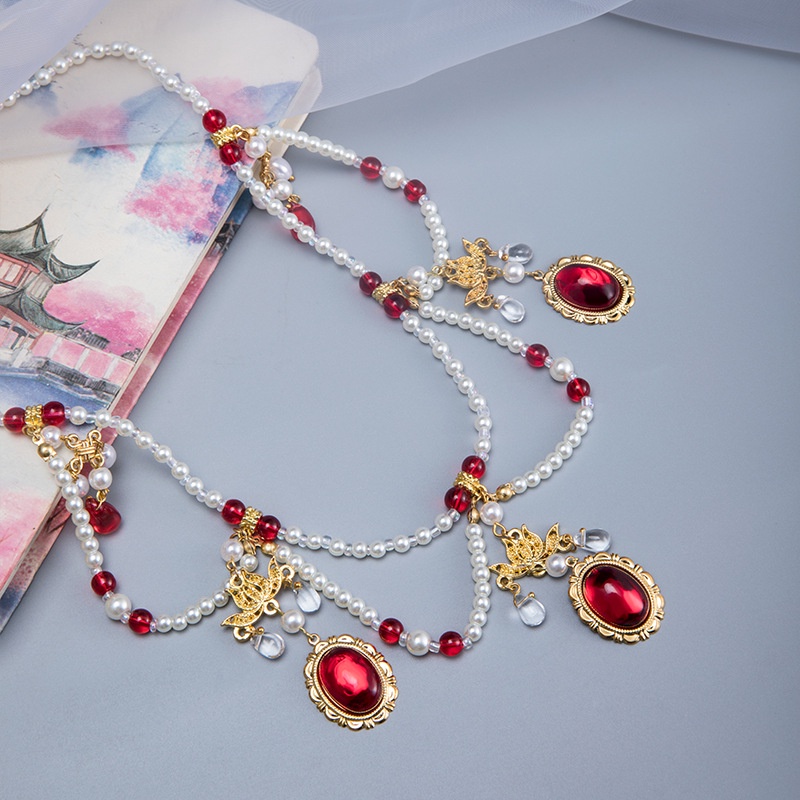 Vòng Cổ Hán Phục Hai Lớp Đính Ngọc Trai Mềm Mại Sang Trọng Thời Trang Cho Nữ