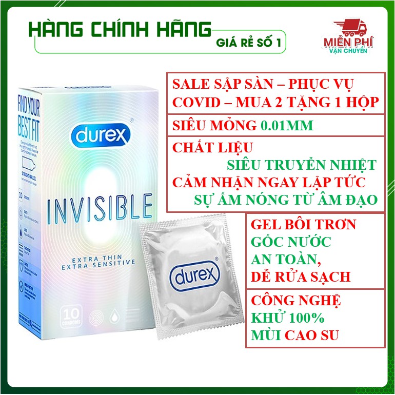 Bao cao su Durex invisible siêu mỏng, an toàn, uy tín hộp 10 bcs