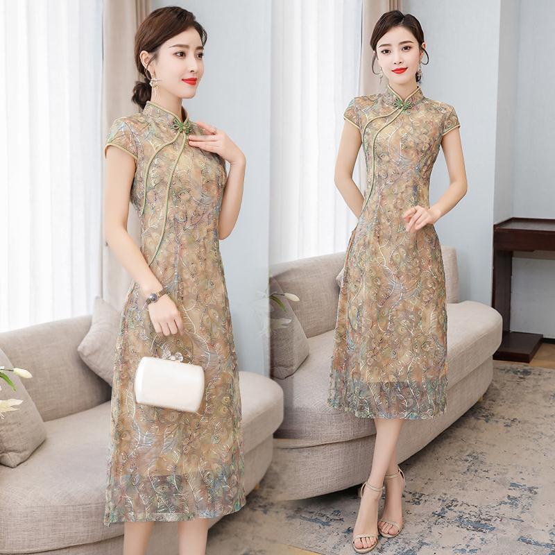 Đầm Sườn Xám Cách Tân Dáng Dài In Họa Tiết Thời Trang Mùa Hè Mới Cho Nữ