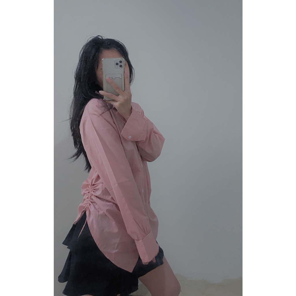 Sơ mi nữ Hồng kiểu dây rút sườn, phong cách Hàn Quốc dễ thương, form rộng, vải đũi mềm (ẢNH THẬT) | BigBuy360 - bigbuy360.vn