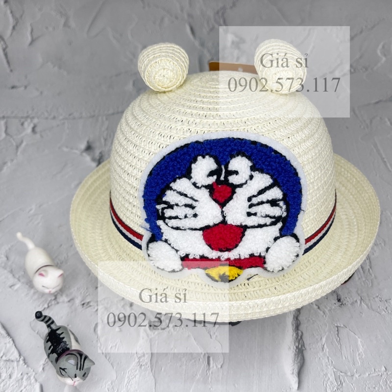 Nón bo cói vành cong đi biển cho bé dưới 5 tuổi hình DORAEMON SIÊU CUTE ( có dây )