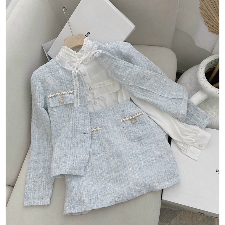 SET 3 MÓN BỐ: KHOÁC NGOÀI VIỀN CỔ TAY VOAN+ SƠ MI TRẮNG CỔ BÈO + CHÂN VÁY