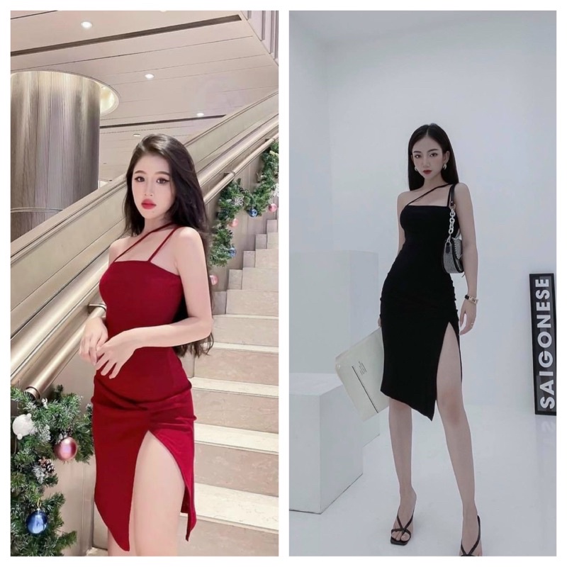 Đầm body sexy,len QC chéo dây xẻ đùi chất Form chuẩn-( Đỏ-Đen)