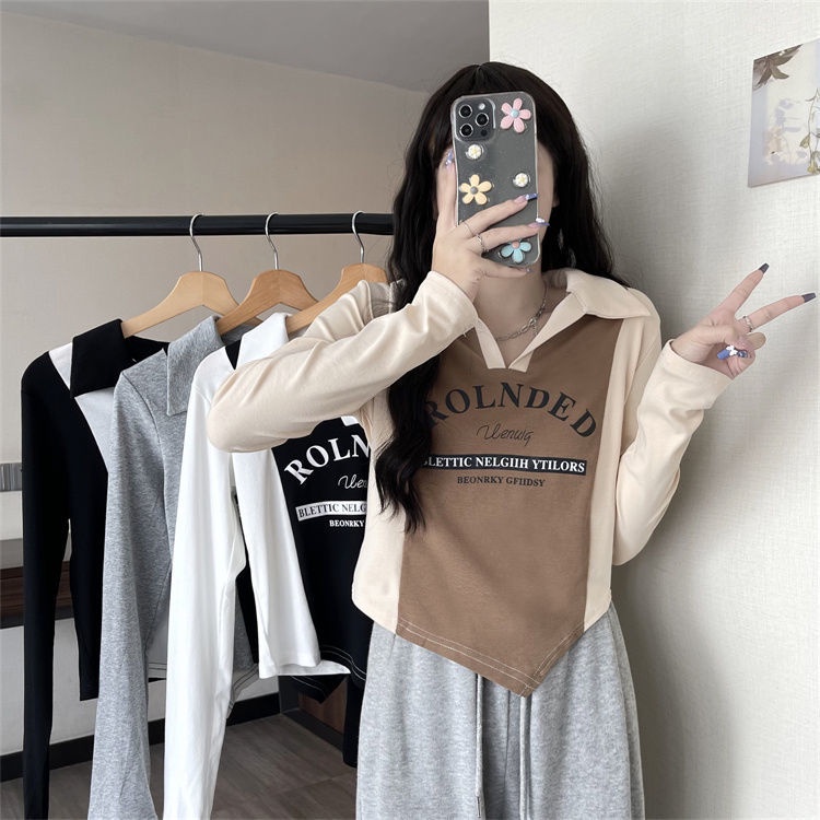 Jiashucheng Áo Thun polo Tay Dài Hở Vai Ôm Dáng Màu Sắc Tương Phản Thời Trang Thu Đông Cá Tính Cho Nữ Ir