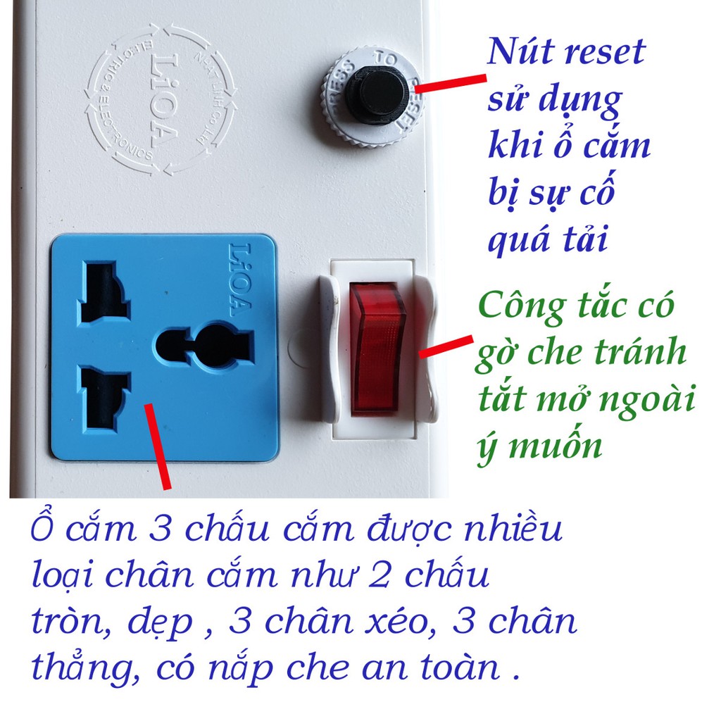 Ổ cắm điện 3 chấu đa năng LIOA 6 ổ cắm 6 công tắc công suất 2000 watt dây dài 3 mét 6DOF32WN (Trắng hoặc đen)