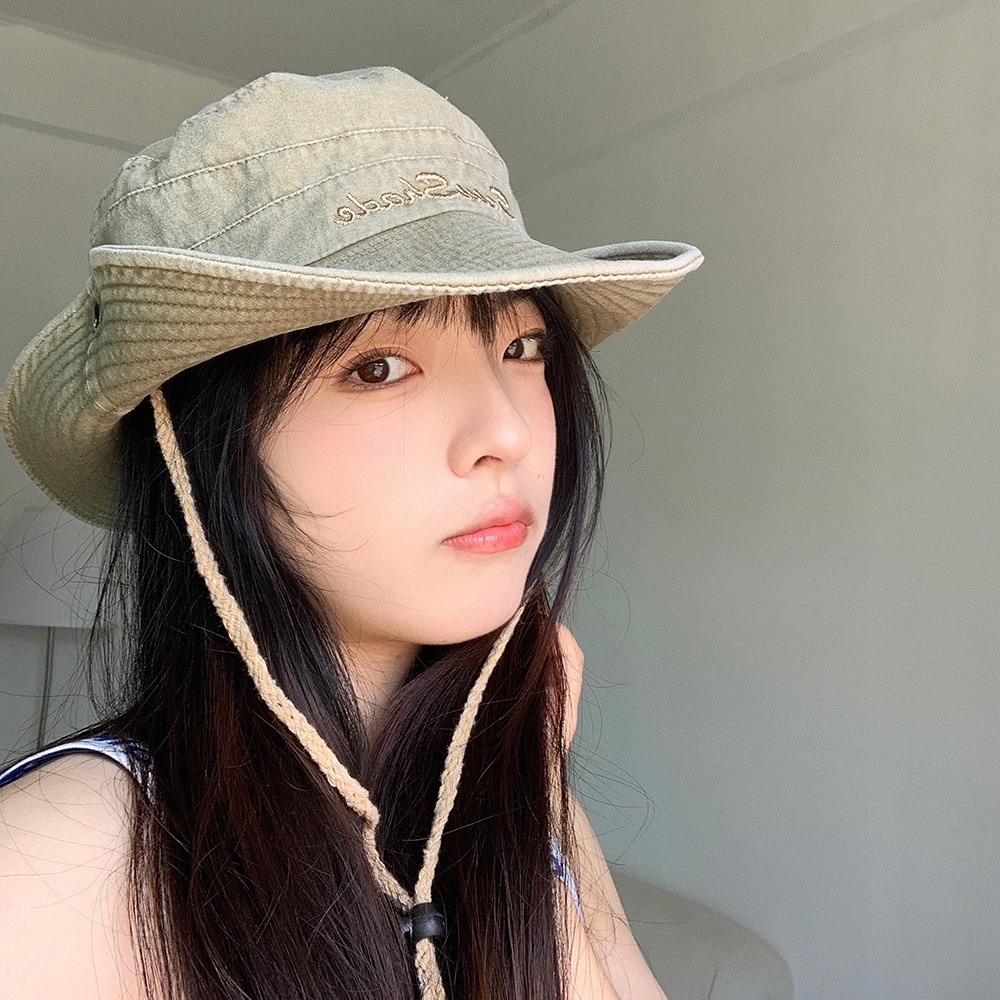 Mũ tai bèo giặt mài chống nắng ngoài trời có dây rút phong cách cao bồi phương Tây cổ điển dễ phối đồ cho nữ