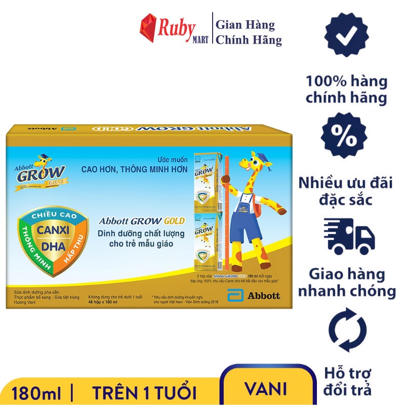[Date T4/24] Thùng 48 Hộp Sữa Bột Pha Sẵn Abbott Grow Gold Vani 180ml (Giá Bán Trừ Khuyến Mãi) Dễ Uống