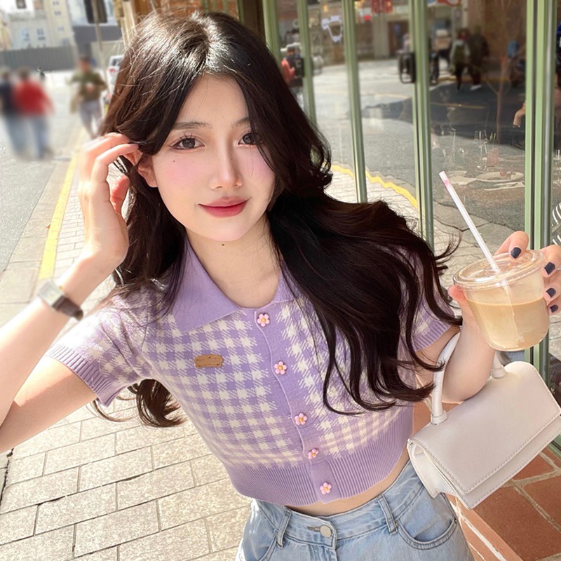 Áo Croptop Dệt Kim Tay Ngắn Cổ Polo Dáng Ôm Thời Trang Mùa Hè Quyến Rũ Cho Nữ