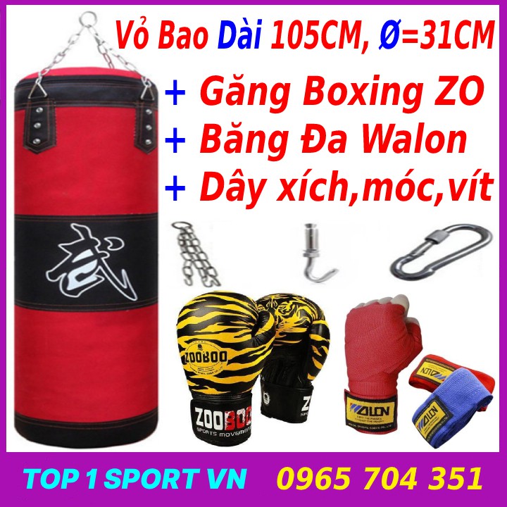 Vỏ bao cát boxing đấm bốc chiều dài 105cm, Ø=31cm, vỏ bao dày 3 lớp + Găng tay boxing Zoobo hổ vằn + băng đa cuốn tay