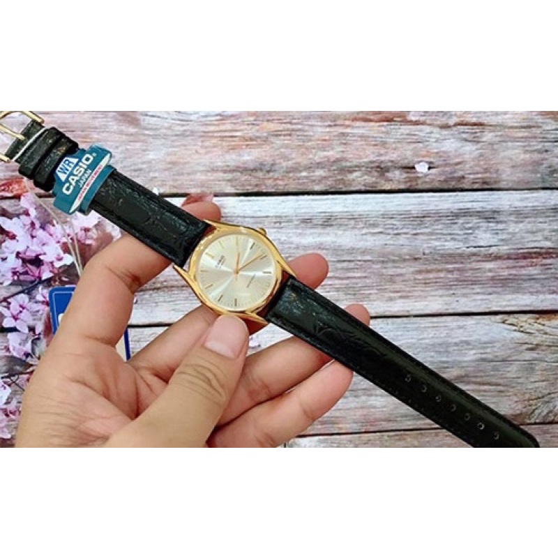 Đồng hồ nữ Casio LTP-1094Q-7A, đồng hồ chính hãng, dây da đen mặt ánh vàng, viền vàng