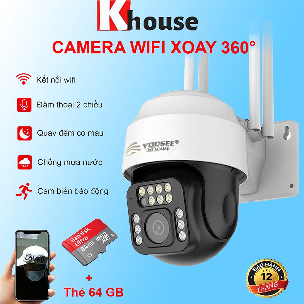 Camera Wifi Yoosee 5.0 Mpx Full HD, Dòng Ngoài Trời Xoay 360° 4 râu C12 Xem Đêm Có Màu, Đàm Thoại 2 