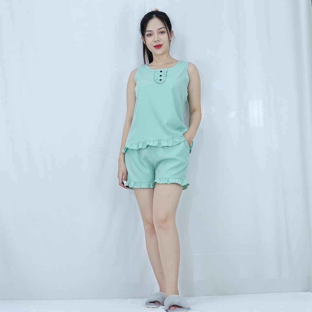 [HÌNH THẬT 100%]  Bộ đồ bộ ngắn  SÁT NÁCH BÈO XANH ĐẬU NÚT ĐEN  - vải lụa ao cấp  - Mềm mại nhẹ