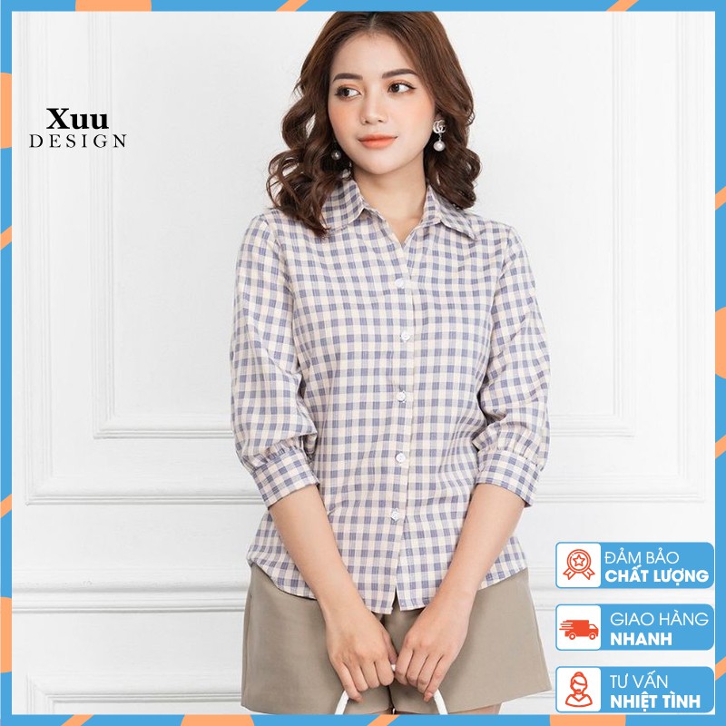 Áo sơ mi nữ 💖Xuu Design💖 Áo kiểu nữ tay lỡ caro chất Kate cao cấp - Hàng thiết kế Xu02