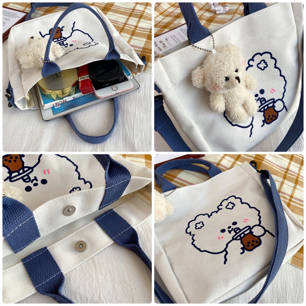 Túi tote vải canvas nữ đeo vai mini họa tiết gấu thỏ cute thời trang Ulzzang Hàn Quốc